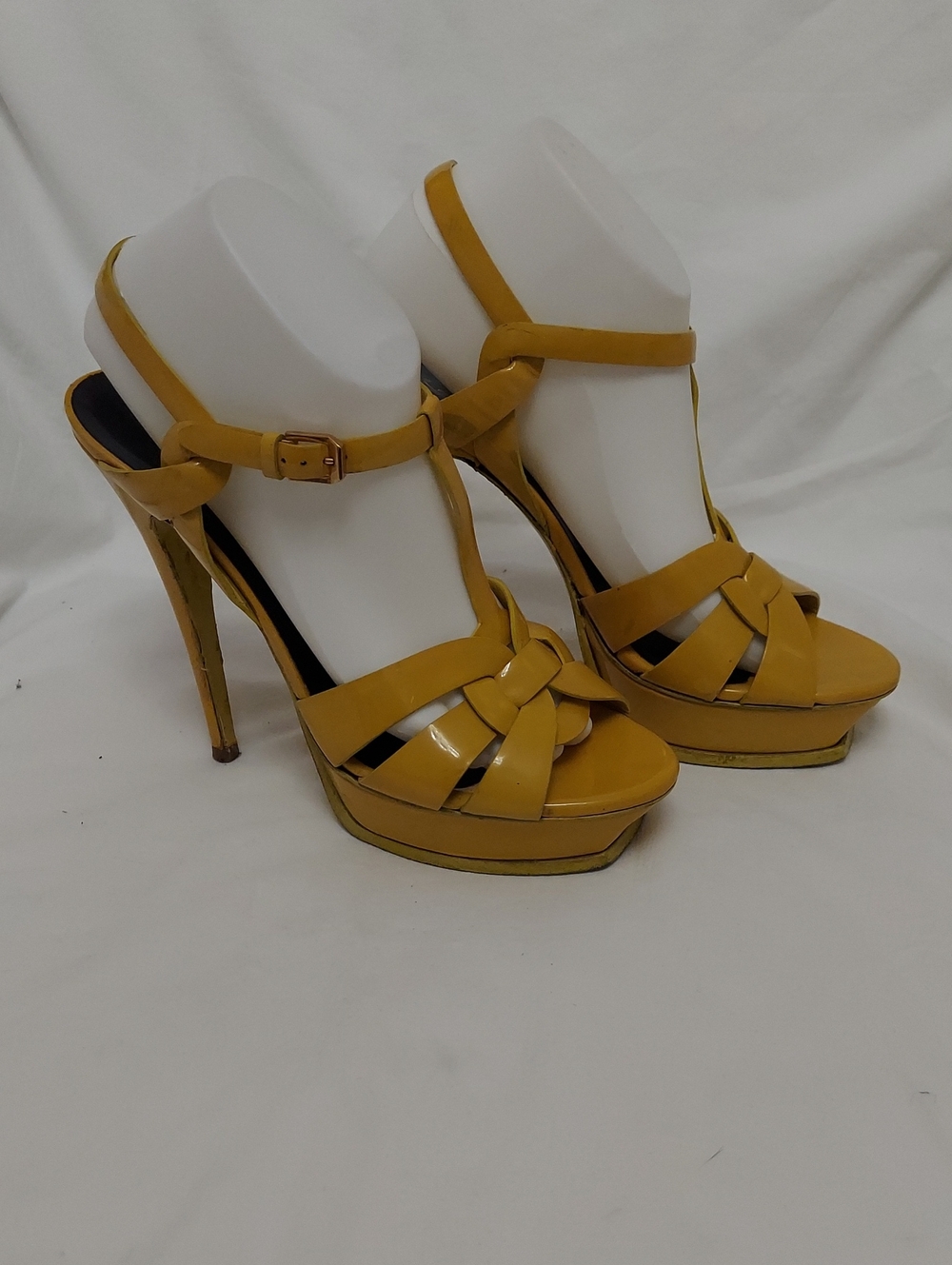 Saint Laurent Tribute T-Strap Platform Sandals Womens 10 Patient Leather 6" Heel - Picture 1 of 13